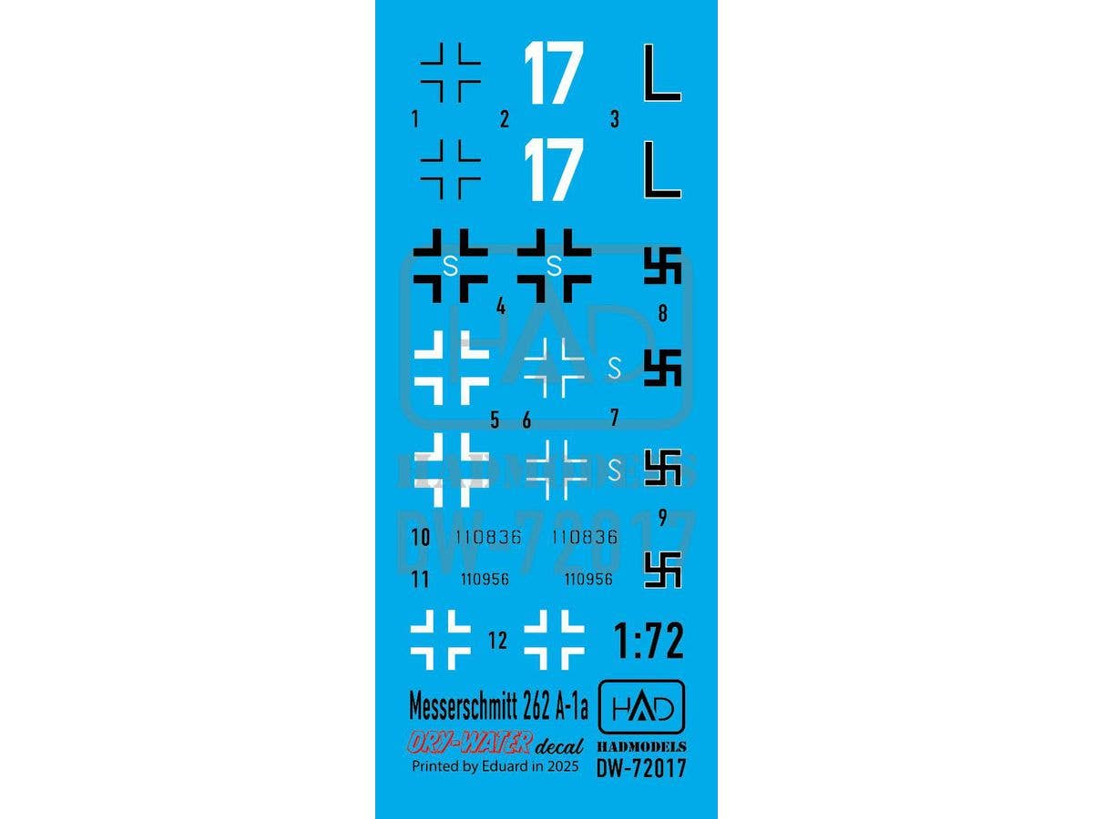 Messerschmitt Me262A-1 (Luftwaffe black L, white 17) decal sheet