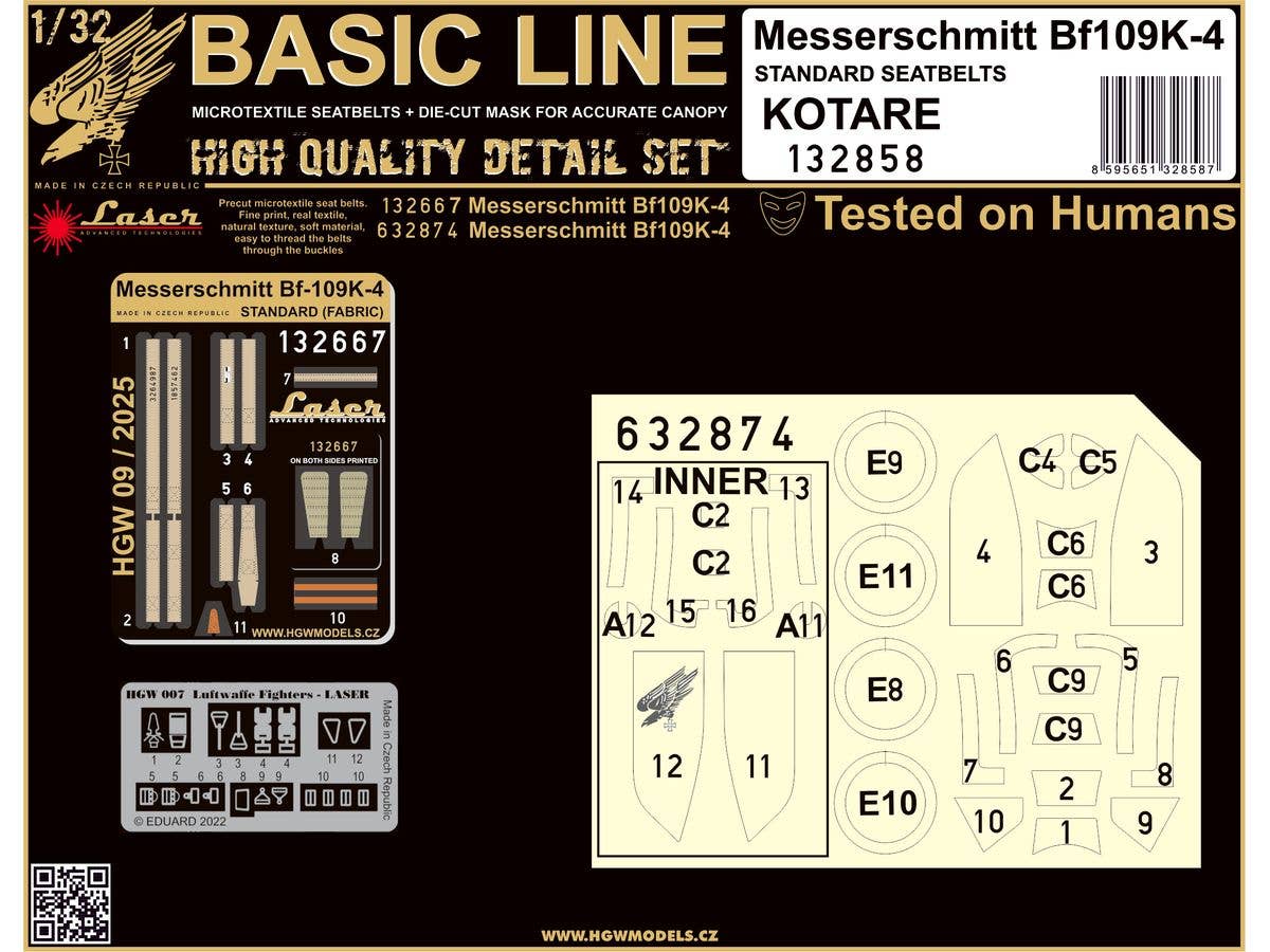 Bf109K-4 (FABRIC SEATBELTS) BASIC LINE: seatbelts + masks (For Kotare)