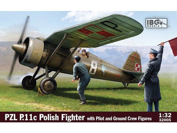 PZL P.11c Polish Fighter with Pilot and Ground Crew Figures