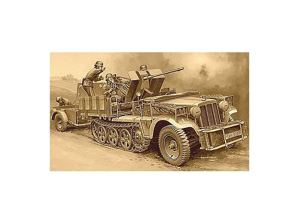 WWII German Sd.Kfz.10/4 1-Ton Half-Track w/ 2cm FlaK30 Anti-Aircraft Gun & Ammunition Trailer, 4 Figures Included
