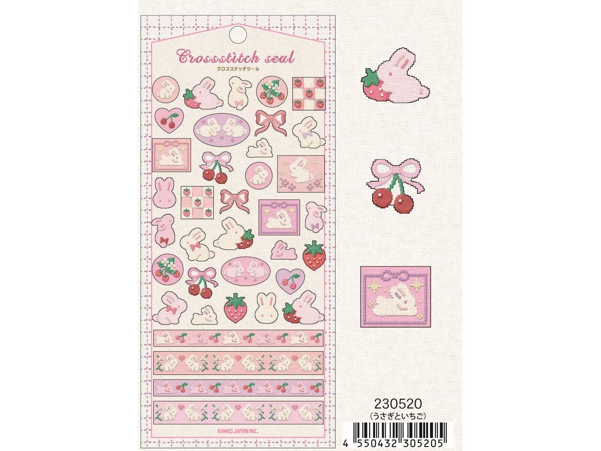Cross Stitch Stickers / Rabbit And Strawberry