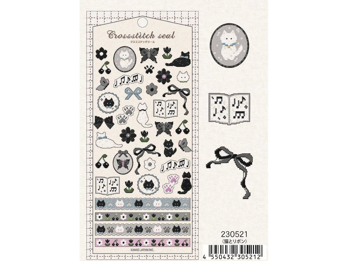 Cross Stitch Stickers / Cat And Ribbon