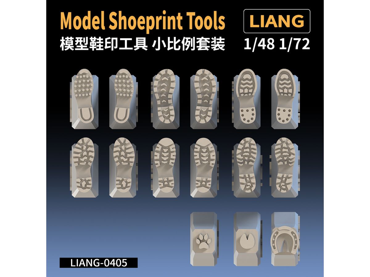 3D-Printed Shoeprint Tools (WWII USSR, USA, German, Modern German, Russian, USA/IDF) + Cat, Pig, and Horse (1/48 & 1/72)