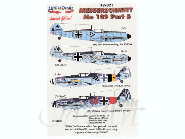 Lifelike 1/72 decal Messerschmitt Me 109 Pt 5 Academy FineMolds Revell Tamiya