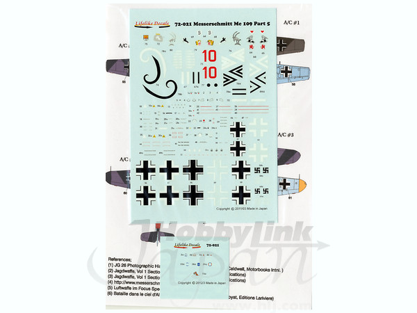Lifelike 1/72 decal Messerschmitt Me 109 Pt 5 Academy FineMolds Revell Tamiya