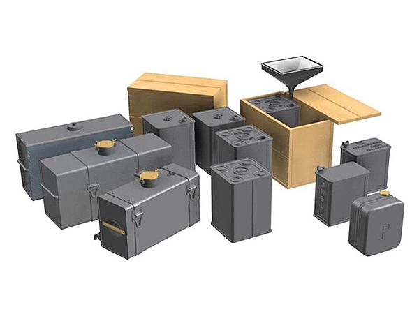 British LRDG Fuel Stock for Vehicles, Fuel Cans x 16, Spare Tank, Wooden Box, Decals, PE, Resin, and 3D Parts