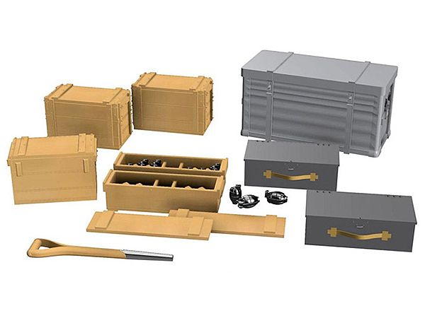Lewis gun ammunition box for British LRDG vehicles, wooden ammunition belt box x 13, first aid box, shovel decal, PE resin and 3D parts