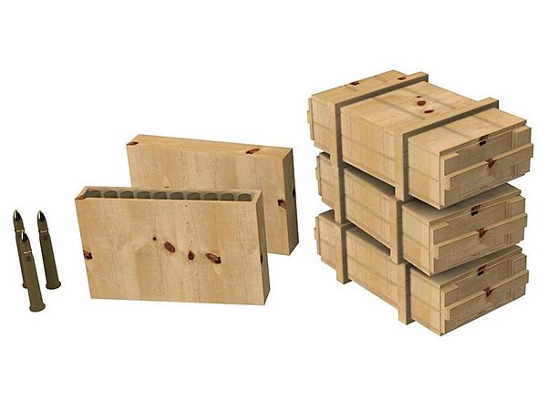 British LRDG Ford F30 37mm ammunition stock, wooden box and shells, resin