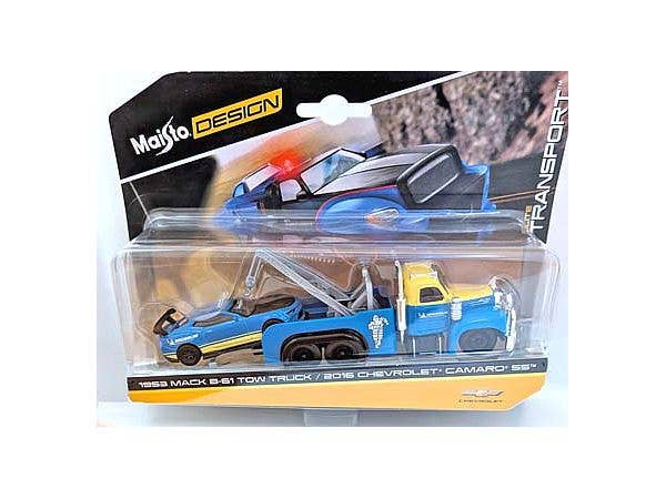 Elite Transport Assortment: 1953 Mack B-61 Truck + 2016 Chevrolet Camaro SS (Blue/Yellow/Michelin)
