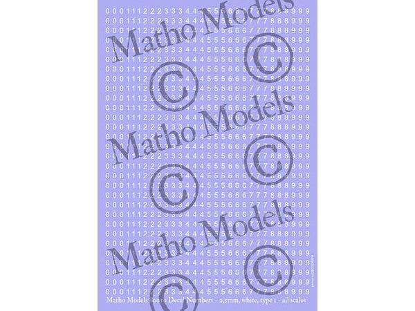 Decal Numbers - 2.5mm, white, type 1 (all scales)