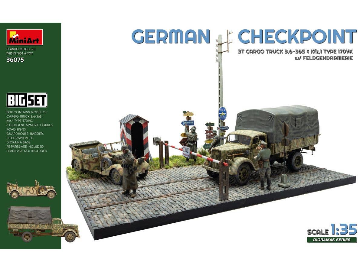 GERMAN CHECKPOINT. 3T Cargo Truck 3,6-36S & Kfz.1 Type 170VK w/ Feldgendarmerie. BIG SET