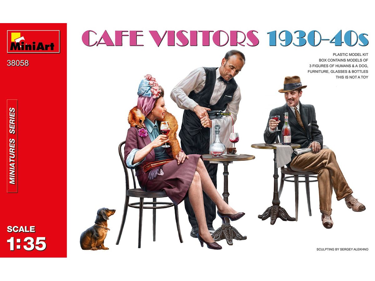 Cafe Visitors 1930-40s 3 Figures & 1 Dog