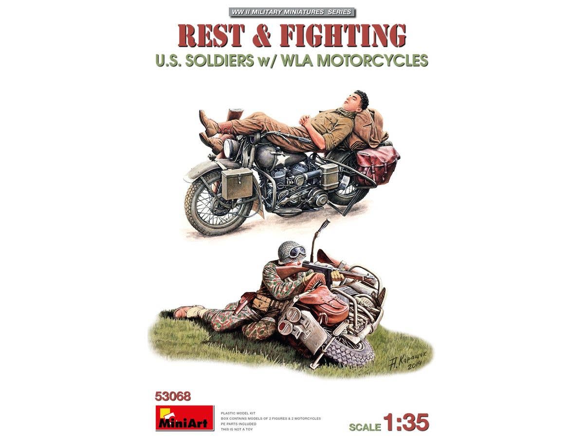 REST & FIGHTING. U.S. SOLDIERS w/WLA MOTORCYCLES