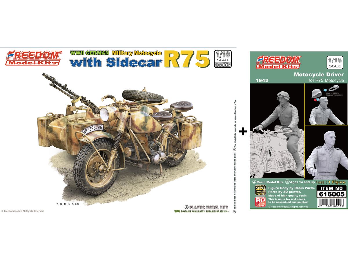 WW2 German R75 Motorcycle w/ Sidecar & Rider Figure