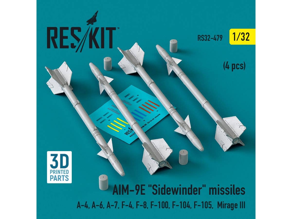 AIM-9E Sidewinder missiles (4 pcs) (A-4, A-6, A-7, F-4, F-8, F-100, F-104, F-105,  Mirage III) (3D Printed)