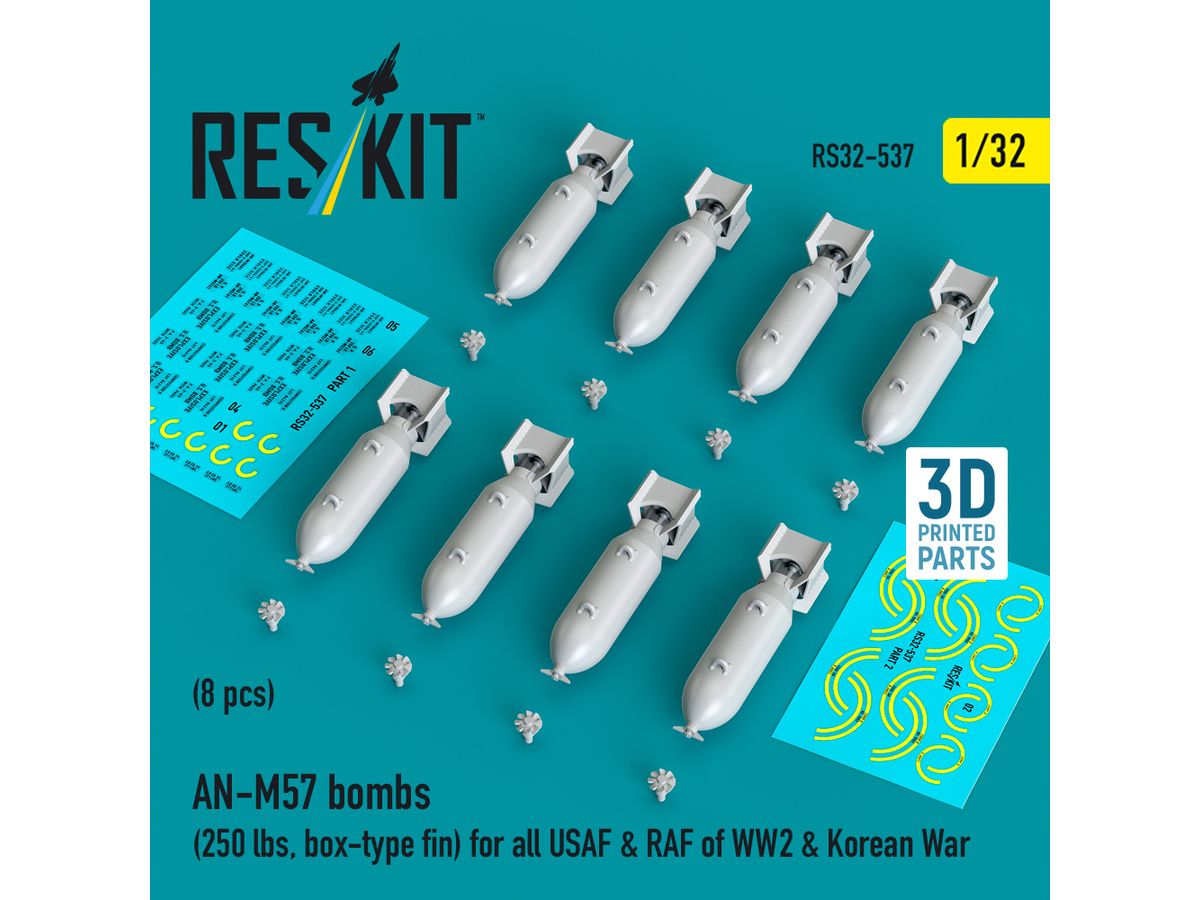 AN-M57 bombs (250 lbs, box-type fin) WW2 & Korean War (8 pcs) (3D Printed)
