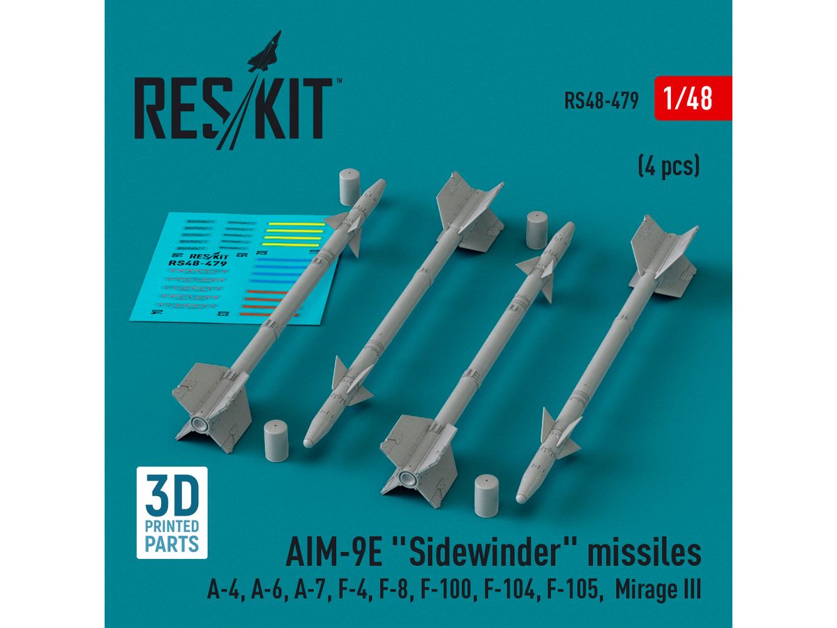 AIM-9E Sidewinder missiles (4 pcs) (A-4, A-6, A-7, F-4, F-8, F-100, F-104, F-105,  Mirage III) (3D Printed)