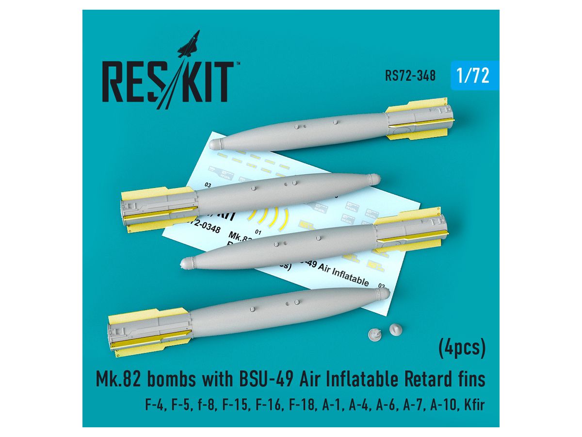 Mk.82 bombs with BSU-49 Air Inflatable Retard fins (4pcs) (F-4, F-5, F-8, F-15, F-16, F-18, A-1, A-4, A-6, A-7, A-10, Kfir) (for Academy, Hasegawa, Airfix, FineMolds, Fujimi, GWH, Italeri, Revell, Tamiya, Hobby 2000)