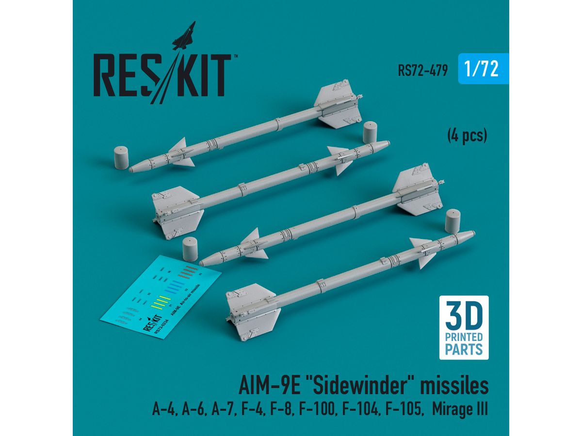 AIM-9E Sidewinder missiles (4 pcs) (A-4, A-6, A-7, F-4, F-8, F-100, F-104, F-105,  Mirage III) (3D Printed)