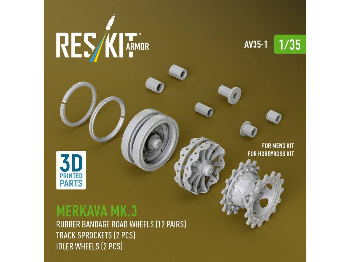 Merkava Mk.3 rubber bandage road wheels (12 pairs), track sprockets (2 pcs), idler wheels (2 pcs) for Meng/HobbyBoss kit (3D Printed)