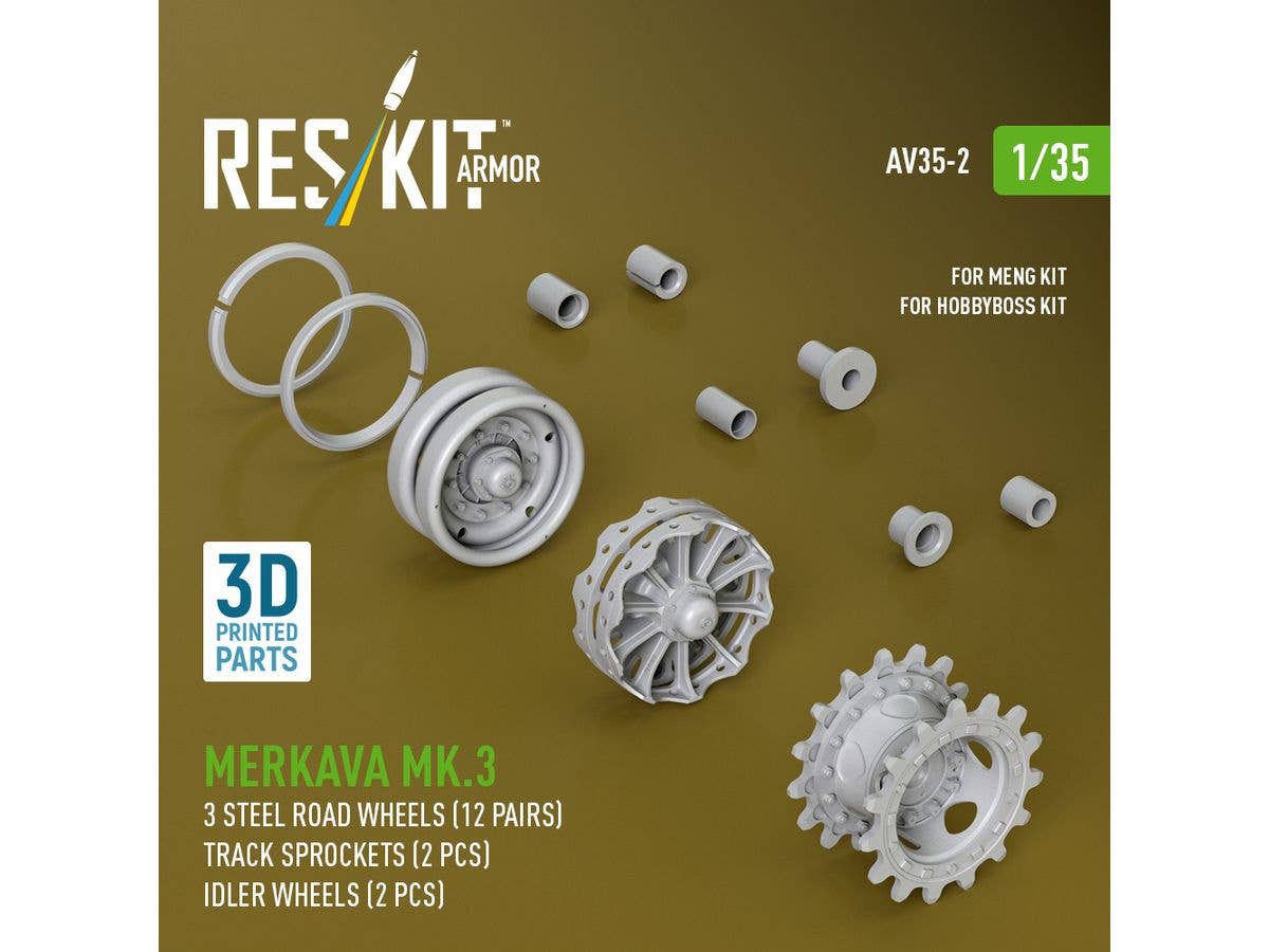 Merkava Mk.3 steel road wheels (12 pairs), track sprockets (2 pcs), idler wheels (2 pcs) for Meng/HobbyBoss kit (3D Printed)