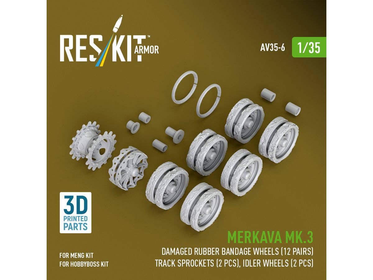 Merkava Mk.3 damaged rubber bandage wheels (12 pairs), track sprockets (2 pcs), idler wheels (2 pcs) for Meng/HobbyBoss kit (3D Printed)