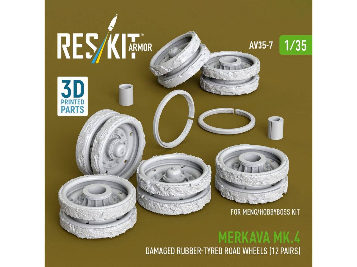 Merkava Mk.4 damaged rubber-tyred road wheels (12 pairs) for Meng/HobbyBoss kit (3D Printed)