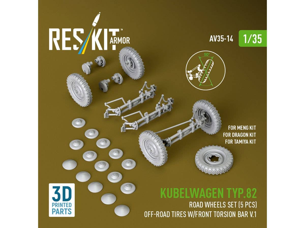 Kubelwagen typ.82 road wheels set (5 pcs) off-road tires w/front torsion bar V.1 for Meng/Dragon/Tamiya kit (3D Printed)