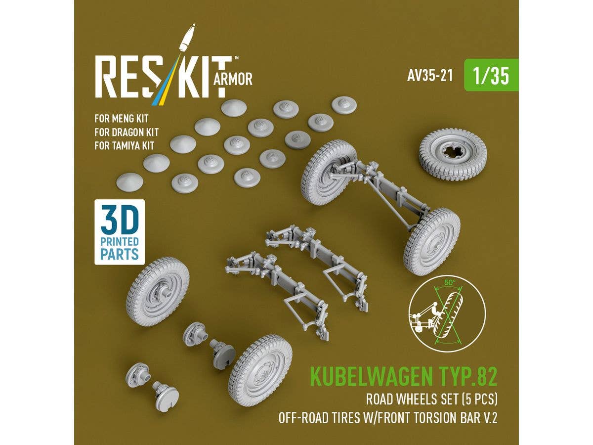 Kubelwagen typ.82 road wheels set (5 pcs) off-road tires w/front torsion bar V.2 for Meng/Dragon/Tamiya kit (3D Printed)