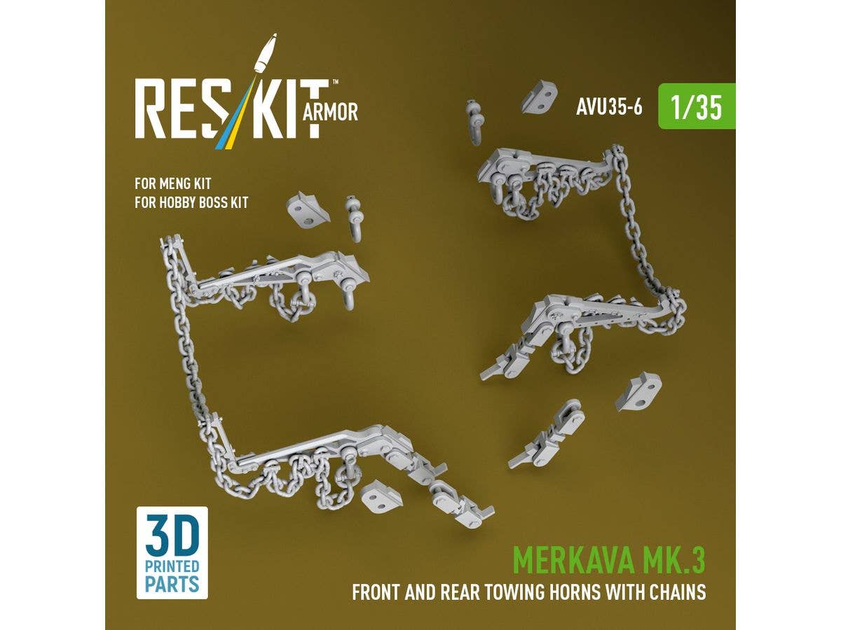 Merkava Mk.3 front and rear towing horns with chains for Meng/Hobby Boss kit (3D Printed)
