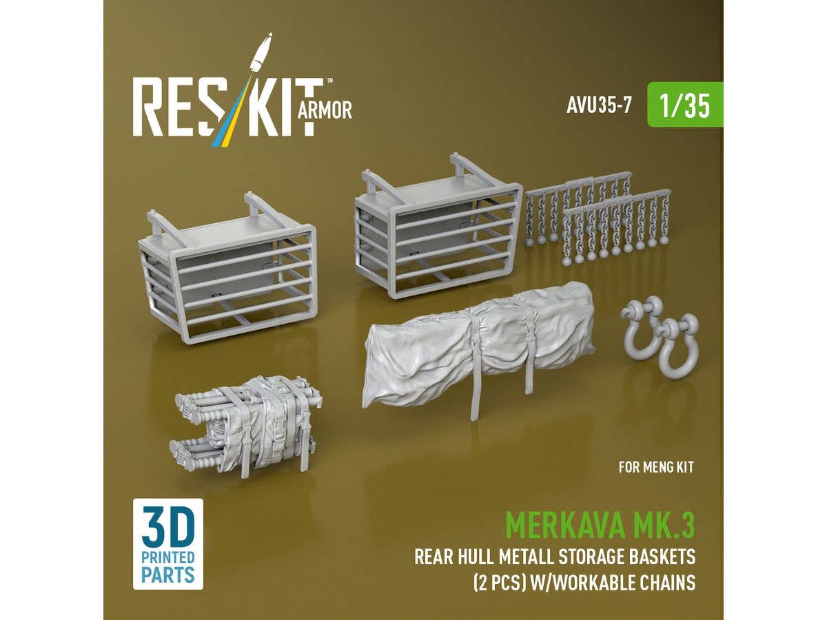 Merkava Mk.3 rear hull metall storage baskets (2 pcs) w/workable chains for Meng kit (3D Printed)