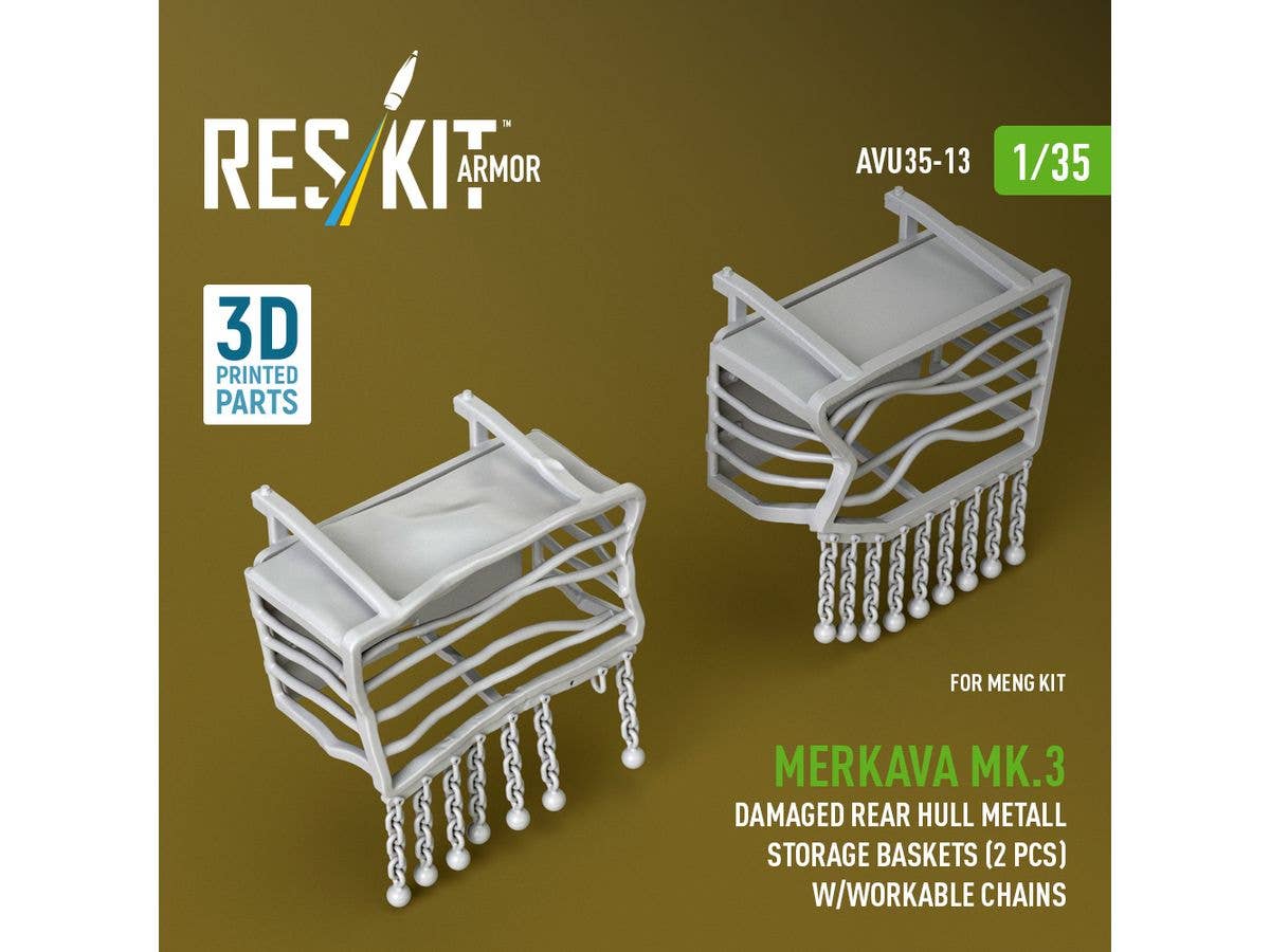 Merkava Mk.3 damaged rear hull metall storage baskets (2 pcs) w/workable chains for Meng kit (3D Printed)