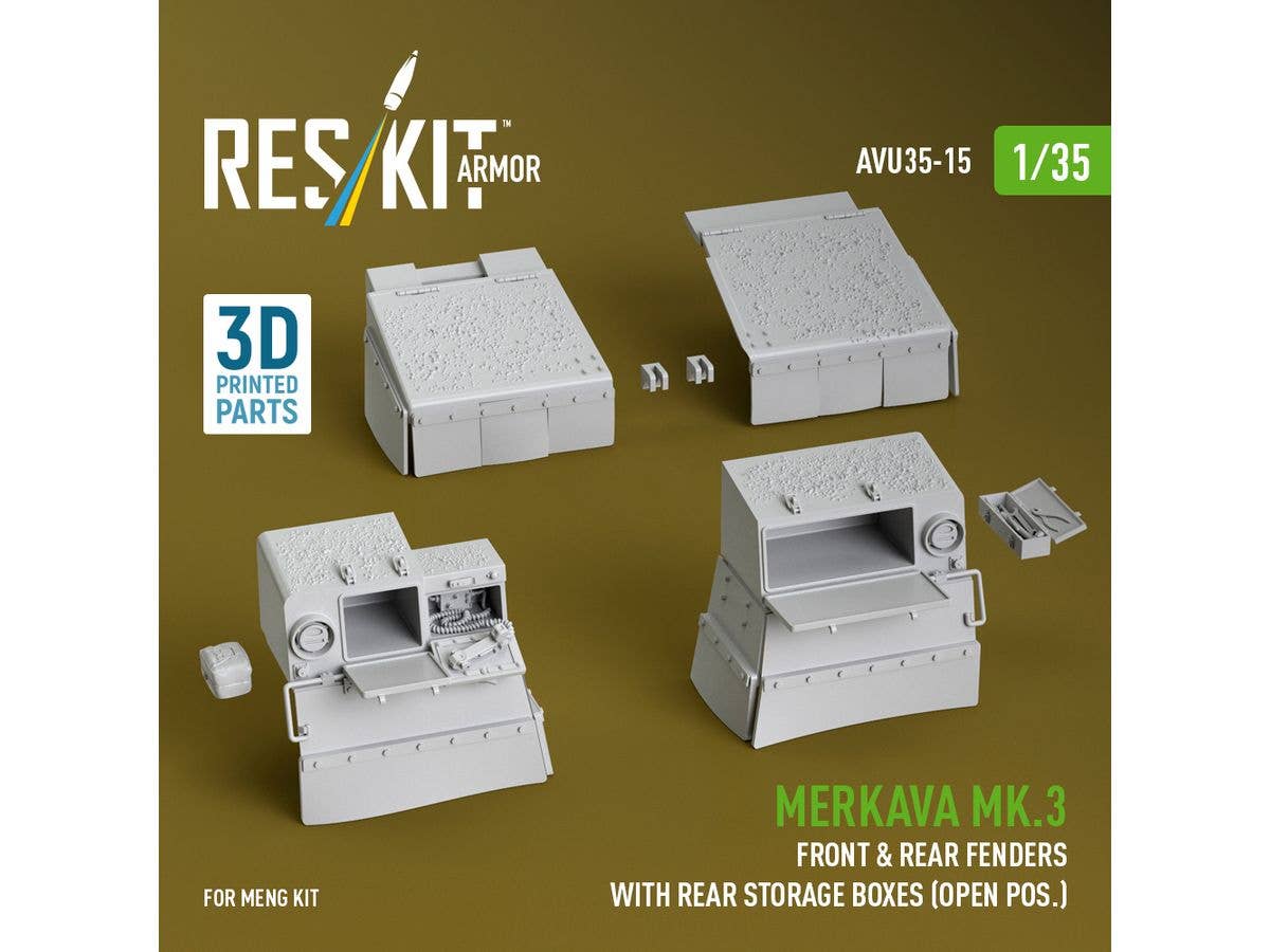 Merkava Mk.3 front & rear fenders with rear storage boxes (open pos.) for Meng kit (3D Printed)
