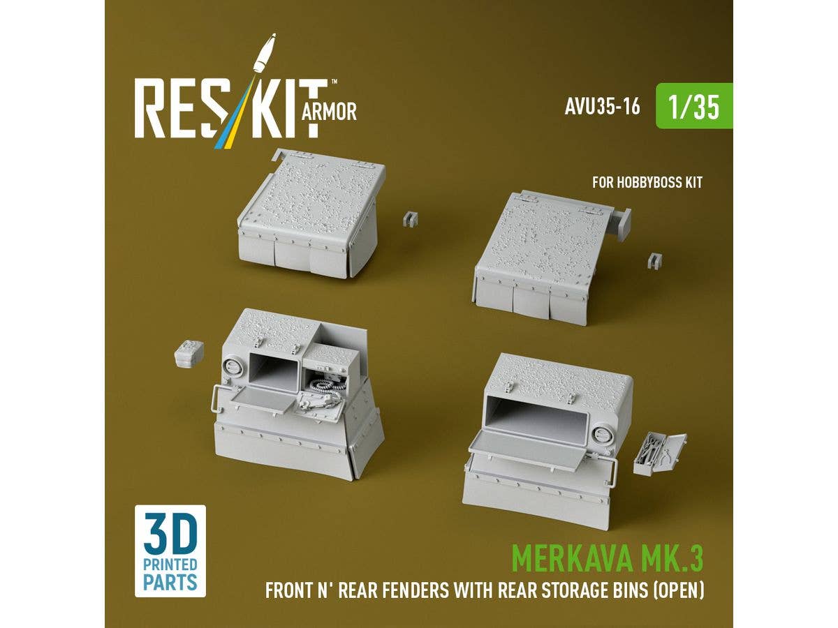 Merkava Mk.3 Front n' Rear fenders with Rear stowage bins (open) for HobbyBoss kit (3D Printed)