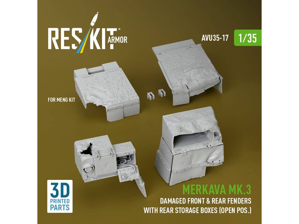Merkava Mk.3 damaged front & rear fenders with rear storage boxes (open pos.) for Meng kit (3D Printed)