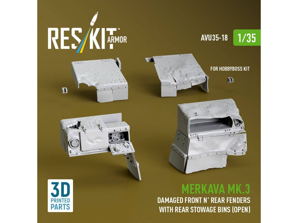 Merkava Mk.3 Damaged Front n' Rear fenders with Rear stowage bins (open) for HobbyBoss kit (3D Printed)