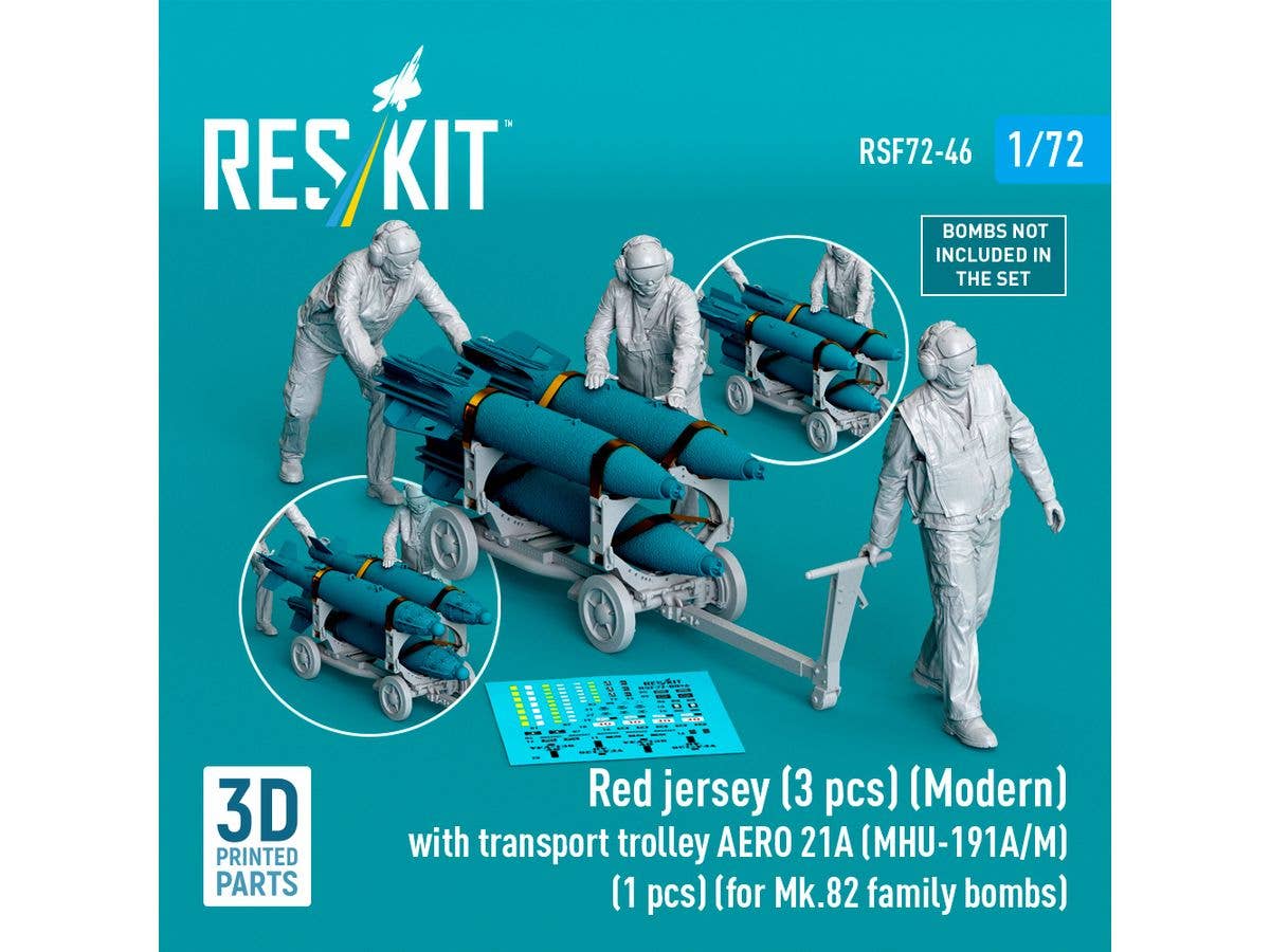 Red jersey (3 pcs) (Modern) with transport trolley AERO 21A (MHU-191A/M) (1 pcs) (for Mk.82 family bombs) (3D Printed)
