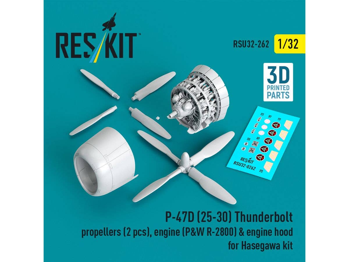 P-47D (25-30) Thunderbolt propellers (2 pcs), engine (P&W R-2800) & engine hood for Hasegawa kit (3D Printed)