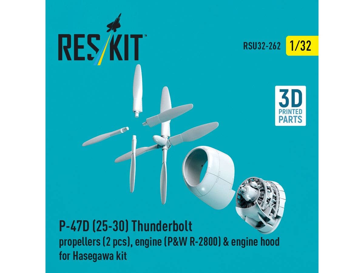 P-47D (25-30) Thunderbolt propellers (2 pcs), engine (P&W R-2800) & engine hood for Hasegawa kit (3D Printed)