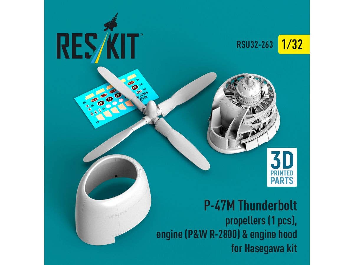 P-47M Thunderbolt propeller (1 pcs), engine (P&W R-2800) & engine hood for Hasegawa kit (3D Printed)