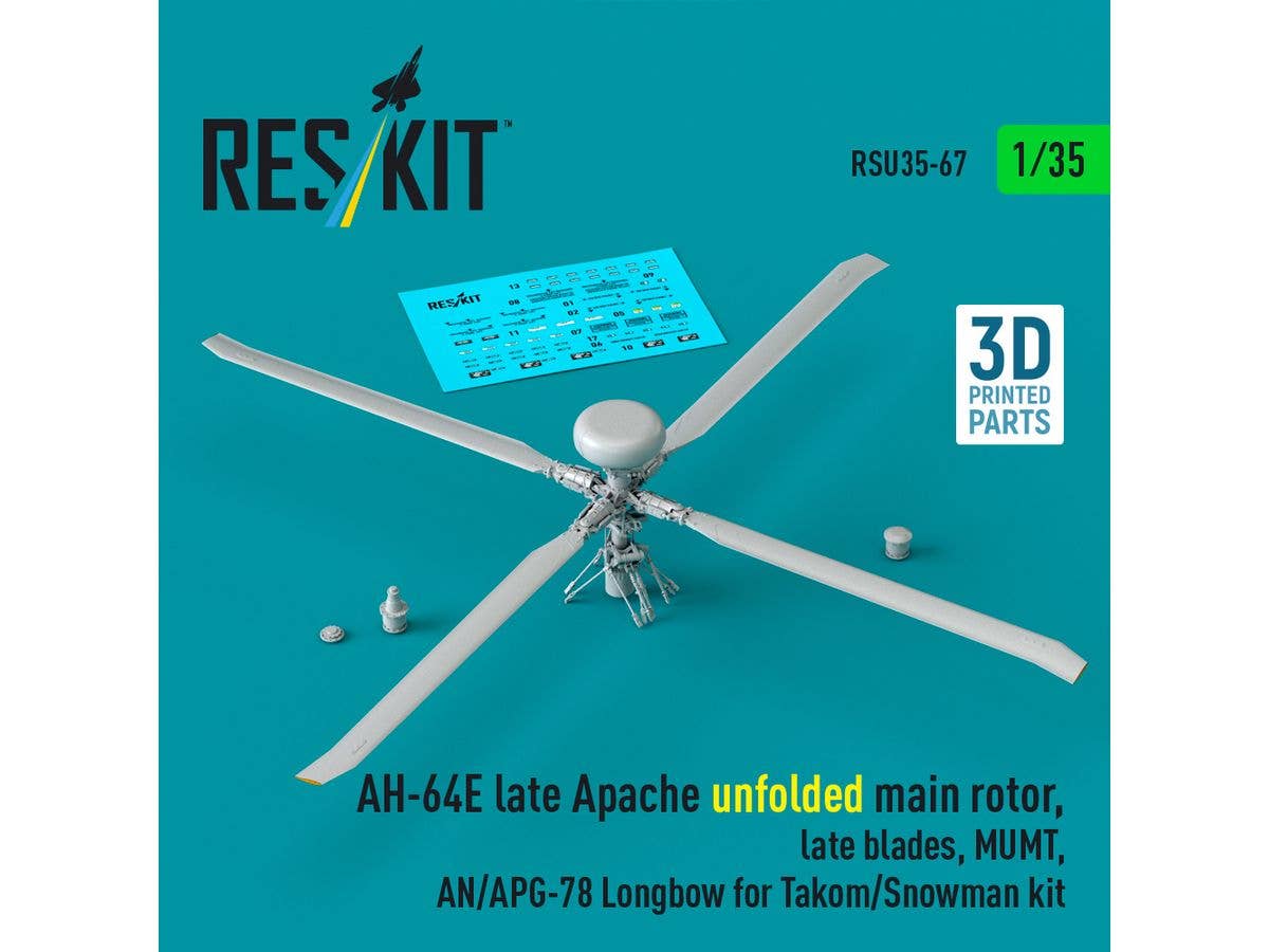 AH-64E late Apache unfolded main rotor, late blades, MUMT, AN/APG-78 Longbow for Takom/Snowman kit (3D Printed)