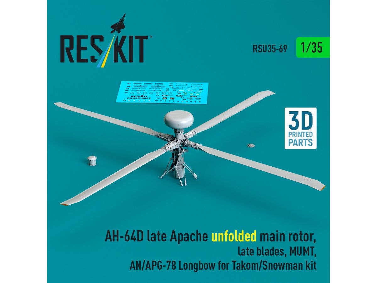 AH-64D late Apache unfolded main rotor, late blades, MUMT, AN/APG-78 Longbow for Takom/Snowman kit (3D Printed)