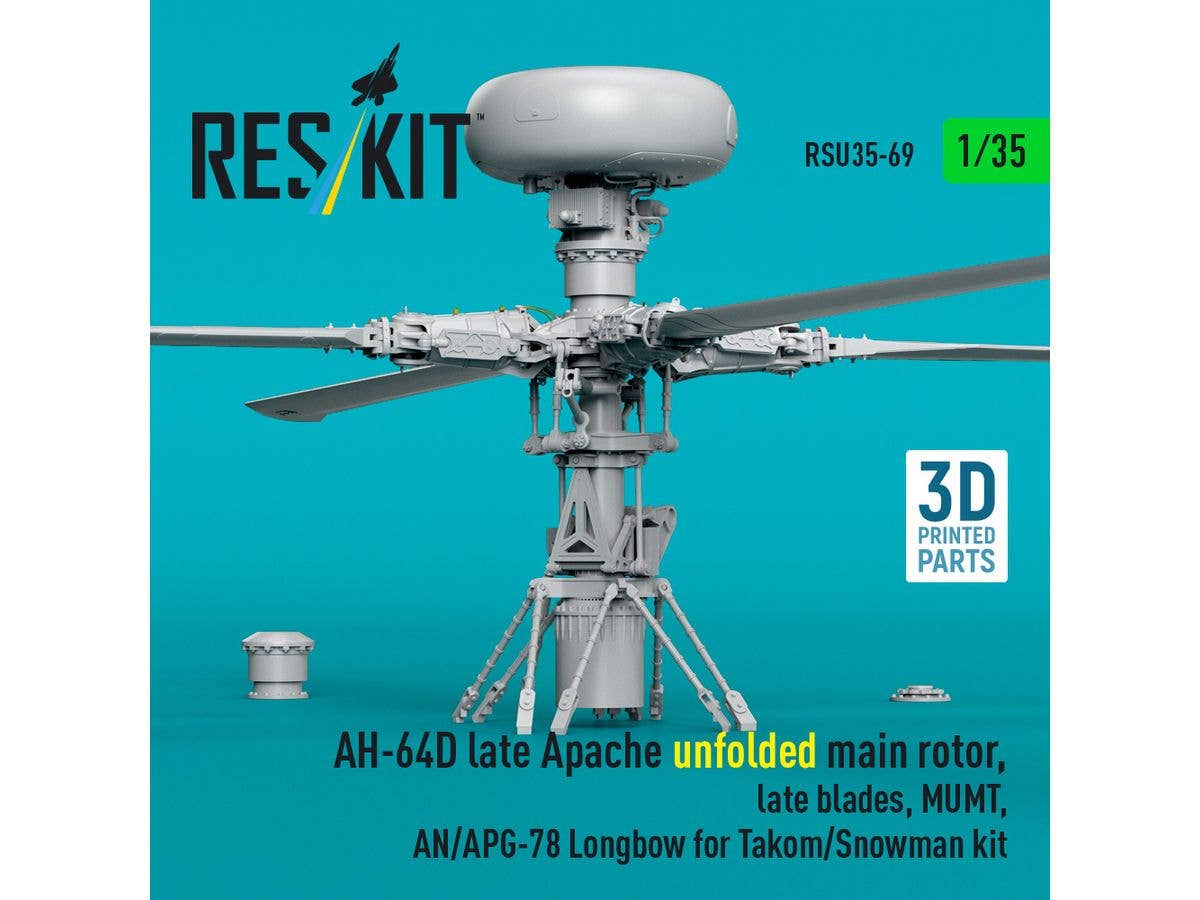 AH-64D late Apache unfolded main rotor, late blades, MUMT, AN/APG-78 Longbow for Takom/Snowman kit (3D Printed)
