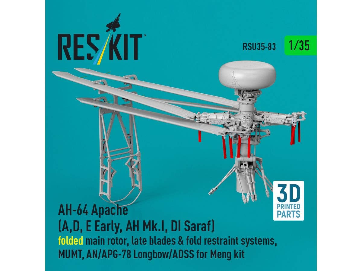 AH-64 Apache (A,D, E Early, AH Mk.I, DI Saraf) folded main rotor, late blades & fold restraint systems, MUMT, AN/APG-78 Longbow/ADSS for Meng kit (3D Printed)