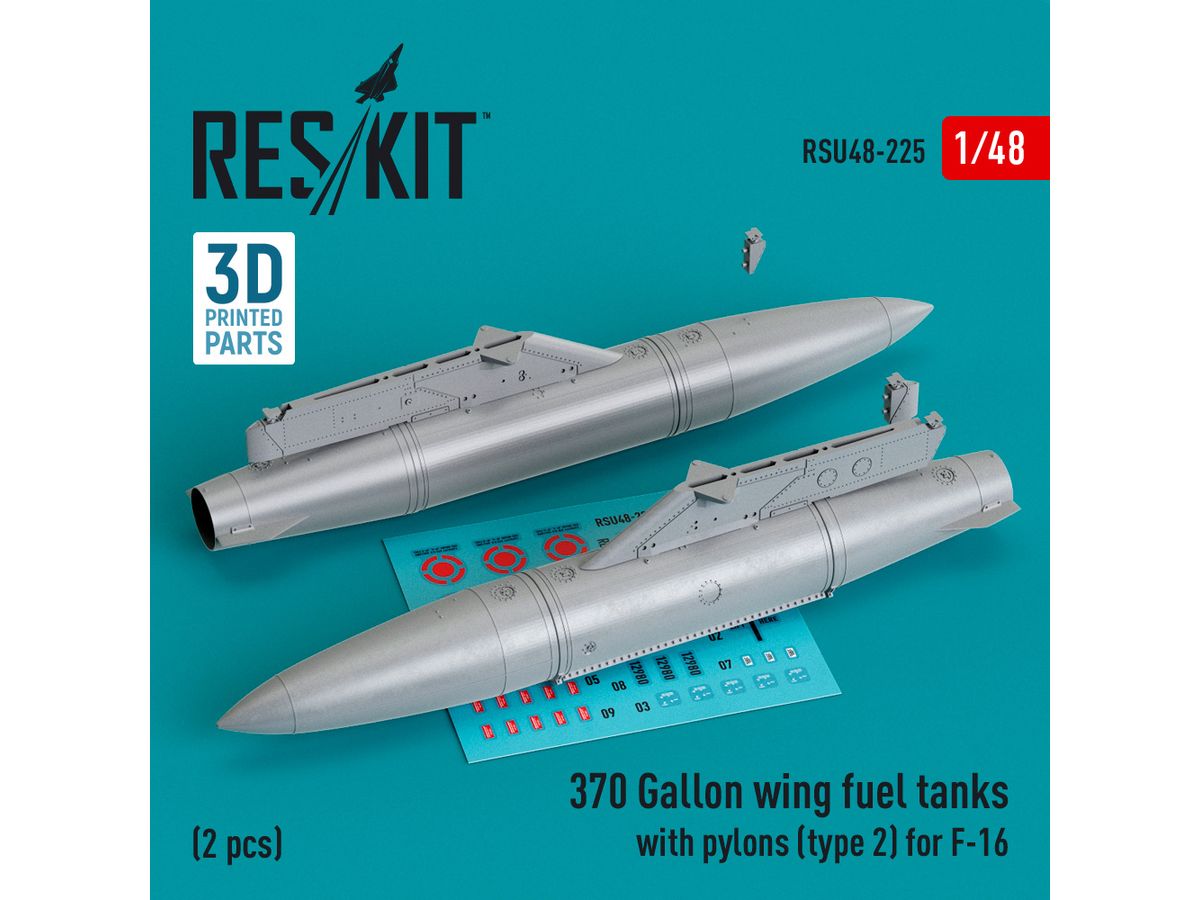 370 Gallon wing fuel tanks with pylons (type 2) for F-16 (2 pcs) (3D Printed)