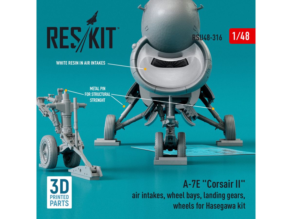 A-7E Corsair II air intakes, wheel bays, landing gears, wheels for Hasegawa kit (3D Printed)