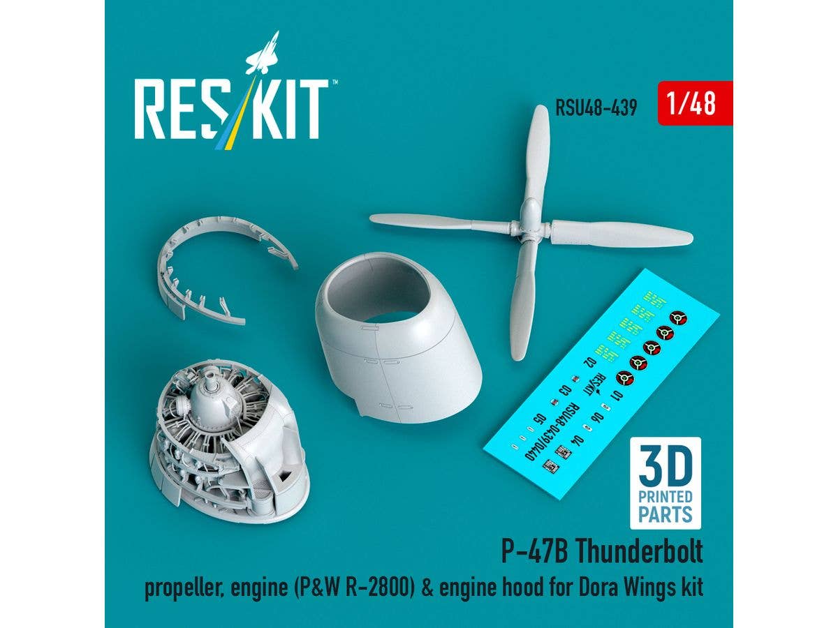 P-47B Thunderbolt propeller, engine (P&W R-2800) & engine hood for Dora Wings kit (3D Printed)