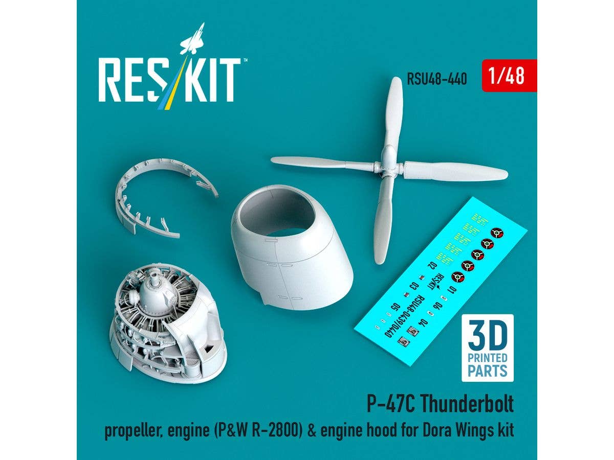 P-47C Thunderbolt propeller, engine (P&W R-2800) & engine hood for Dora Wings kit (3D Printed)