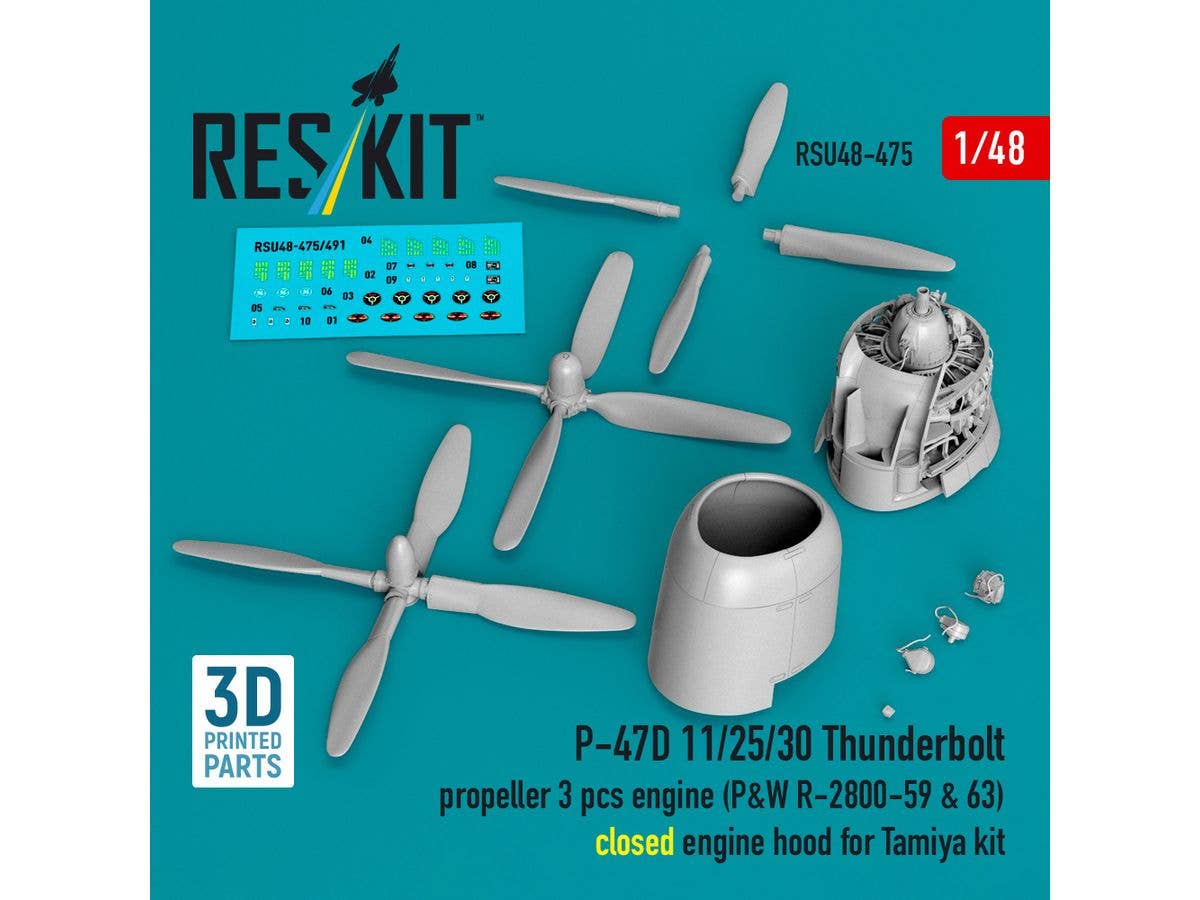 P-47D 11/25/30 Thunderbolt propeller (3pcs), engine (P&W R-2800-59 & 63) closed engine hood for Tamiya kit (3D Printed)