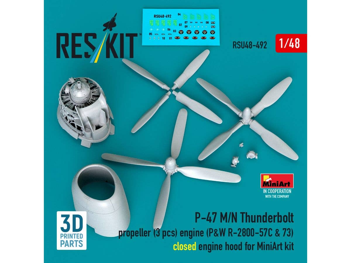 P-47 M/N Thunderbolt propeller (3pcs), engine (P&W R-2800-57C & 73) closed engine hood for MiniArt kit (3D Printed)